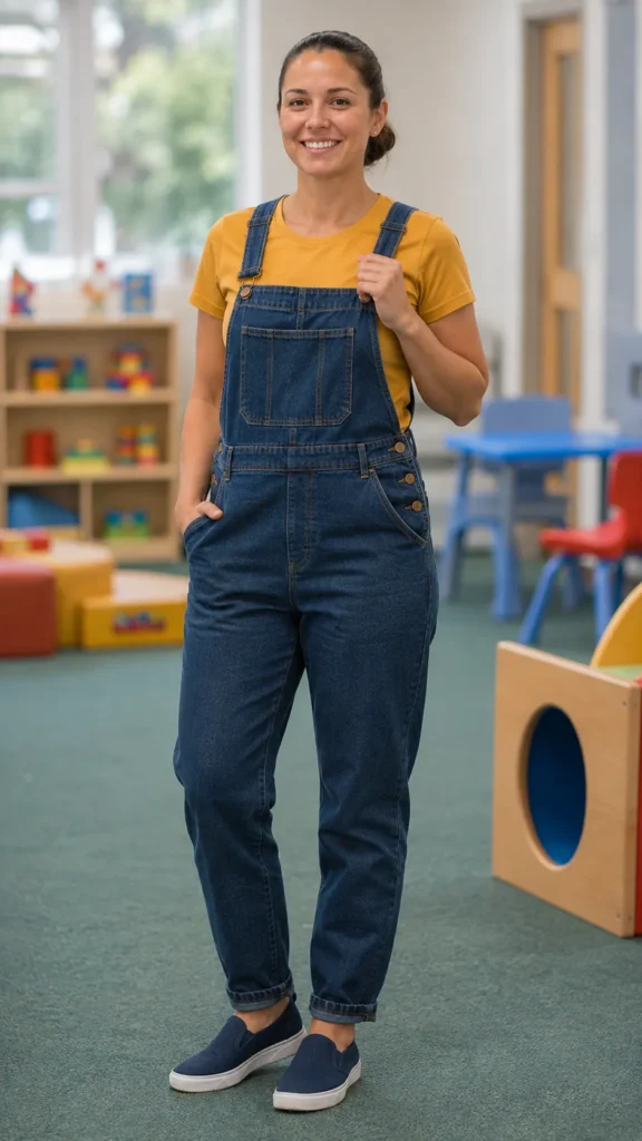 What to Wear as an RBT: 18 Work Outfit Ideas That Survive a Full ABA Session 11 Overalls Over a Tee