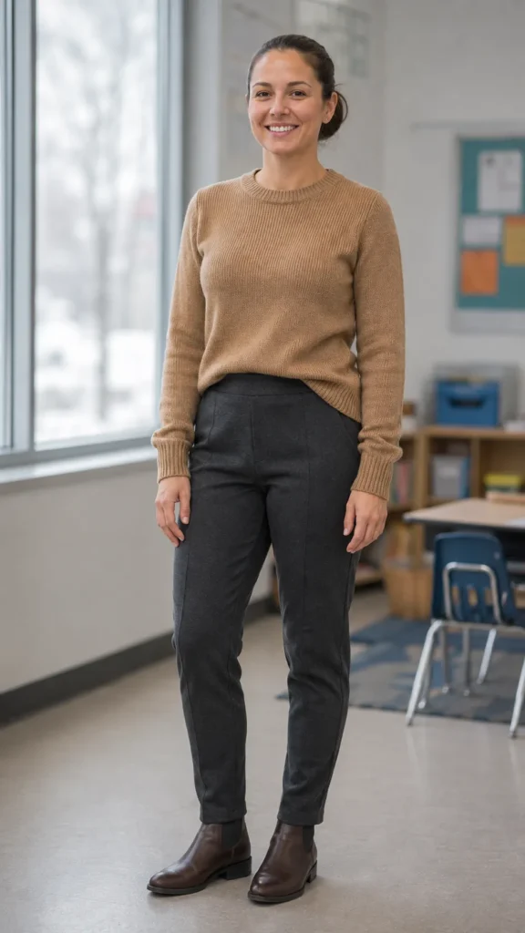 What to Wear as an RBT: 18 Work Outfit Ideas That Survive a Full ABA Session 12 Sweater and Stretch Trousers